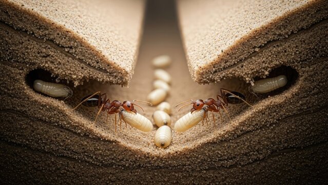 Ants carrying larvae in sand nest, macro photography, teamwork, insect life