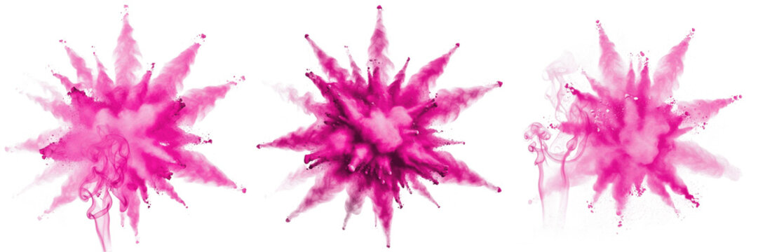 Set of Vibrant Pink Powder Explosion and Splash Isolated on White Background, PNG