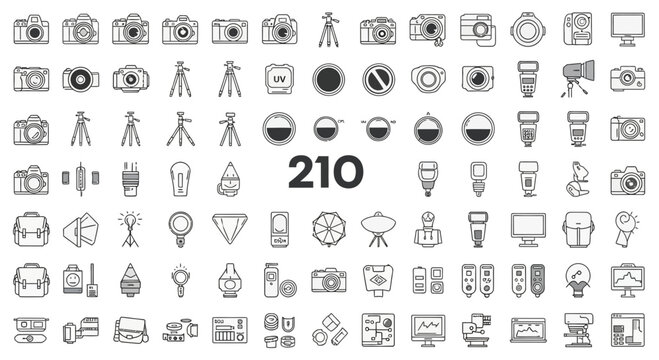 Set of 210 Photography Equipment and Camera Gear Line Icons