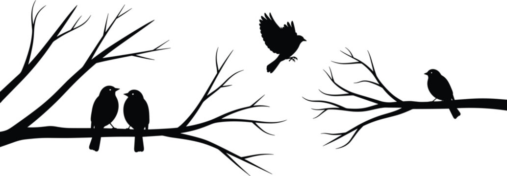 Bird silhouettes, perched branches, flying bird, nature illustration, minimalist design, winter scene, wildlife icons, vector resource, artistic concept, graphic asset
