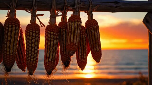 Rustic corn cobs hanging from a wooden beam with an ocean sunset in the background creating an autumn atmosphere.
