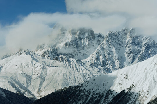 Epic snowcovered mountain in Caucasus in winter 
