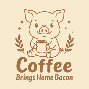 Pig Holding Coffee Mug Smiling.