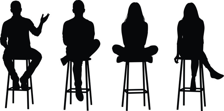 Seated stool silhouettes, human posture variation, casual sitting figures, expressive gestures, body language art, relaxed pose illustration concept