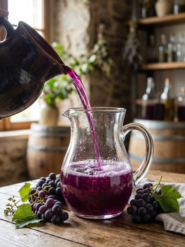 Suco de uva fresco sendo servido em jarra de vidro em vin&iacute;cola