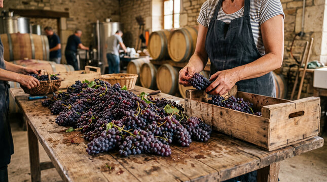 Produ&ccedil;&atilde;o artesanal de vinho em vin&iacute;cola com uvas, barris e adega r&uacute;stica