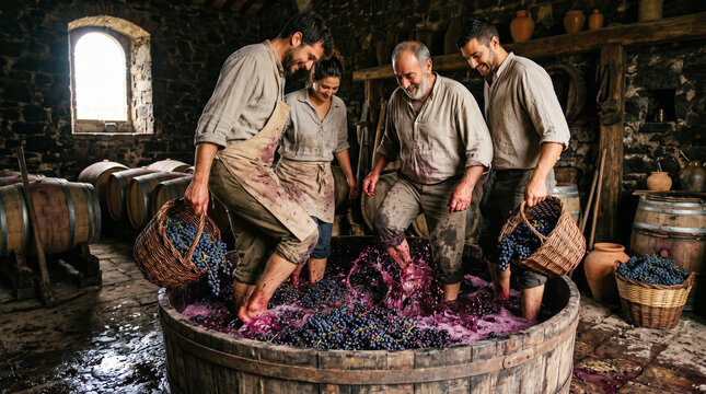Produ&ccedil;&atilde;o artesanal de vinho em vin&iacute;cola com uvas, barris e adega r&uacute;stica