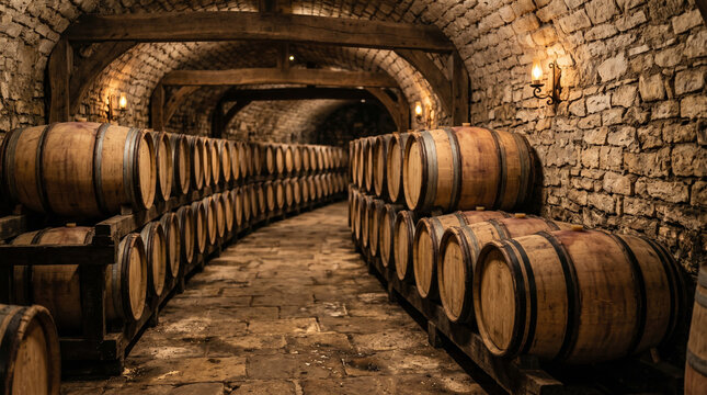Produ&ccedil;&atilde;o artesanal de vinho em vin&iacute;cola com uvas, barris e adega r&uacute;stica
