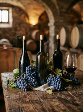 Garrafas de vinho em adega r&uacute;stica com barris e uvas frescas
