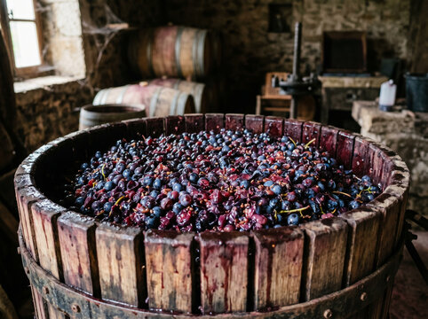 Produ&ccedil;&atilde;o artesanal de vinho em vin&iacute;cola com uvas, barris e adega r&uacute;stica