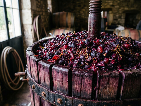 Produ&ccedil;&atilde;o artesanal de vinho em vin&iacute;cola com uvas, barris e adega r&uacute;stica