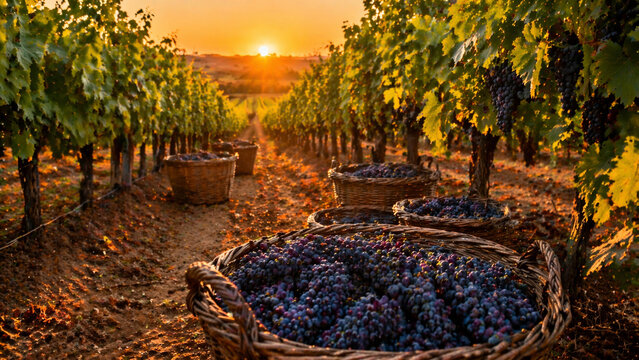 Cestas com uvas frescas em vinhedo durante colheita ao p&ocirc;r do sol