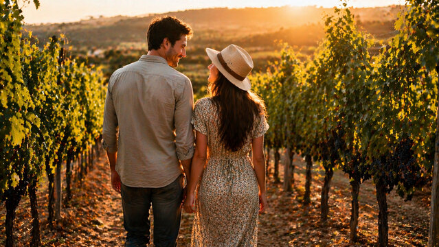 Casal caminhando em vinhedo durante p&ocirc;r do sol em viagem rom&acirc;ntica