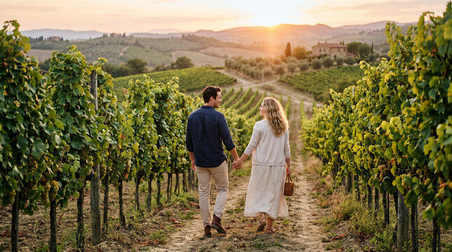 Casal caminhando em vinhedo durante p&ocirc;r do sol em viagem rom&acirc;ntica