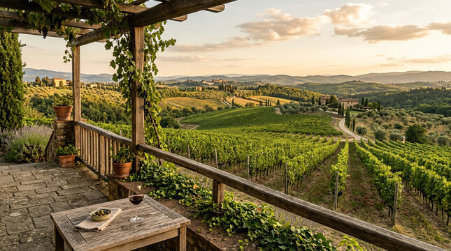 Paisagem de vinhedo com fileiras de parreiras e colinas ao p&ocirc;r do sol
