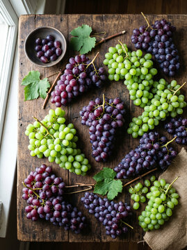 Uvas verdes e roxas sobre mesa r&uacute;stica de madeira