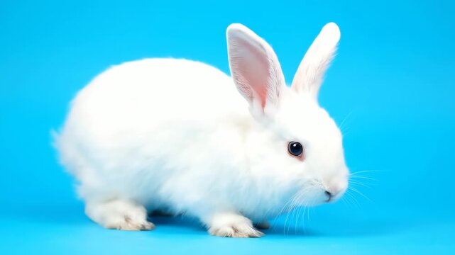 Fluffy white bunny sitting on a solid blue background. 4K Video