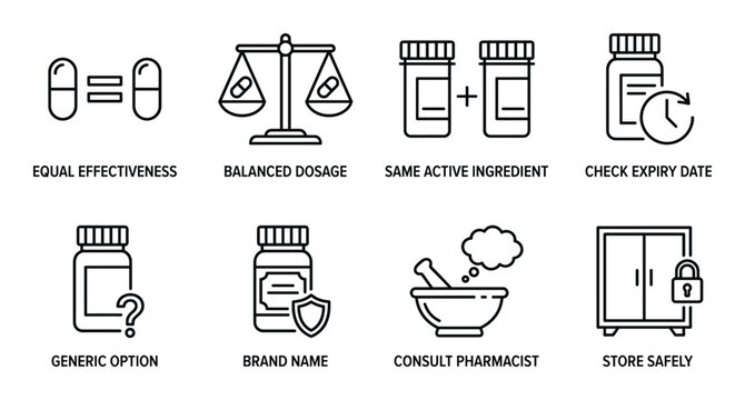 Medication comparison icons showing equal effectiveness balanced dosage same ingredient expiry date consultation.