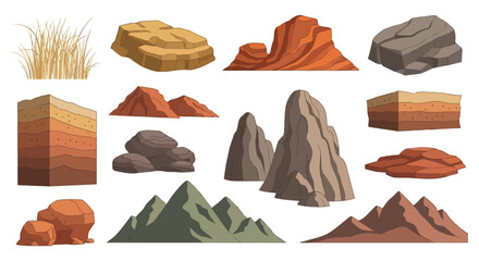 Set of various cartoon rocks, mountains, and soil layers © Stock_Crafters