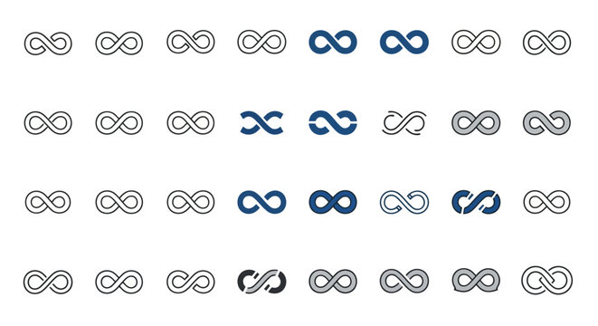 Set of infinity symbol icons, different styles of endless loop signs, vector illustration