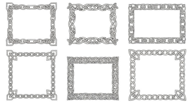 Set of decorative rectangular frames with chain and celtic knot patterns