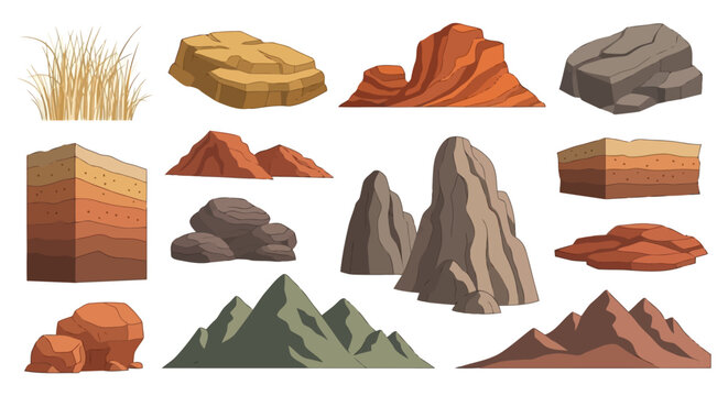 Set of various cartoon rocks, mountains, and soil layers