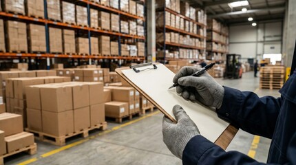 Fototapeta premium Hand Holding Clipboard Checking Inventory Warehouse Pallets Logistics
