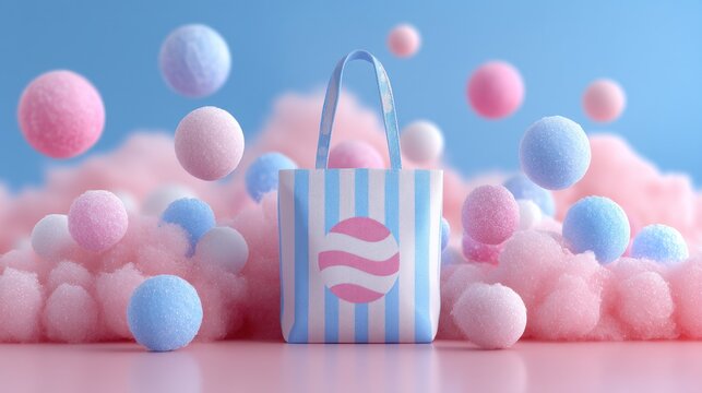 Pastel Striped Gift Bag Surrounded by Soft Cotton Balls
