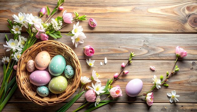 Top-down view of a rustic wooden table adorned with a basket of pastel Easter eggs and fresh spring flowers, celebrating the holiday.