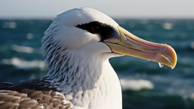 Close-up of a White-capped Albatross with a distinctive orange eye and vocalization against blurred ocean waters