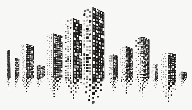 Modern pixel art city skyline skyscrapers black white monochrome vector