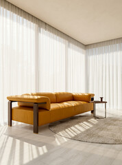 Naklejka premium 3D render, illustration Luxury modern living room interior, realistic lighting, wide angle, contemporary furniture, clean lines, minimalist decor, elegant home design, large window