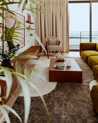 Naklejka premium 3D render, illustration Luxury modern living room interior, realistic lighting, wide angle, contemporary furniture, clean lines, minimalist decor, elegant home design, large window
