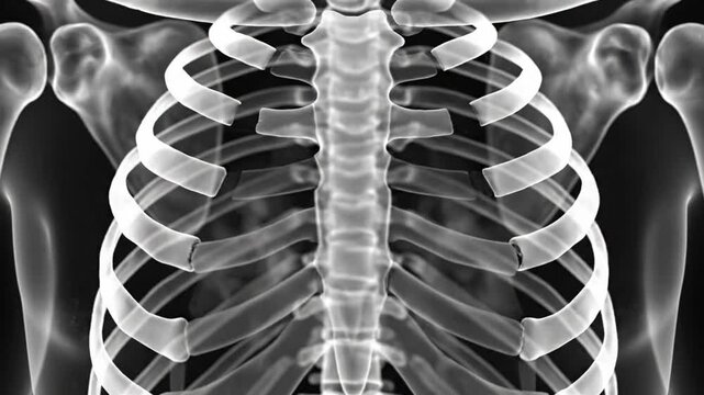 X-ray view of a human skeleton, showing the rib cage, spine, and upper body on a black background