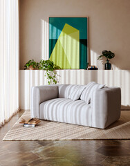 Naklejka premium 3D render, illustration Luxury modern living room interior, realistic lighting, wide angle, contemporary furniture, clean lines, minimalist decor, elegant home design, large window