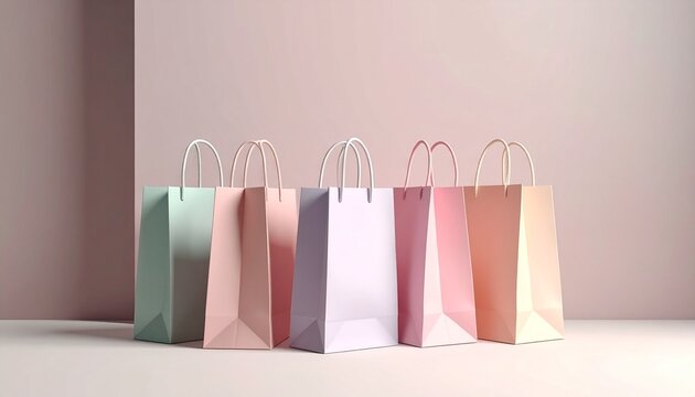 Five pastel-colored shopping bags with white handles lined up against a soft pink background.
