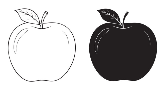 Black and white apple illustration with leaf outline silhouette line art vector