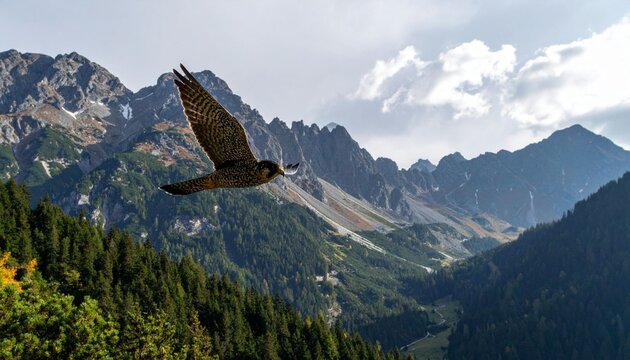 Soaring bird over mountain landscape