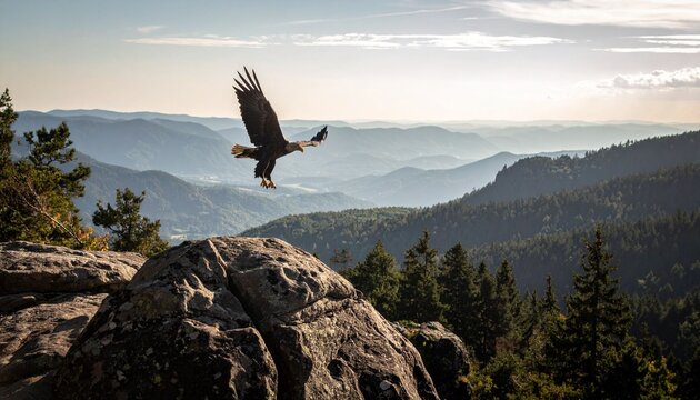 Soaring eagle over mountain landscape