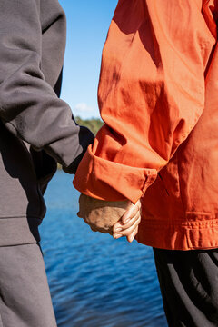 Couple holds hands in a natural setting