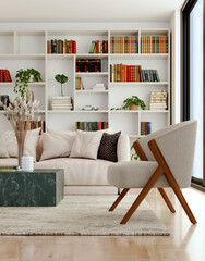 Naklejka premium 3D render, illustration Luxury modern living room interior, realistic lighting, wide angle, contemporary furniture, clean lines, minimalist decor, elegant home design, large window