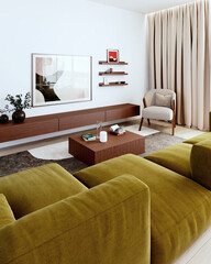 Obraz premium 3D render, illustration Luxury modern living room interior, realistic lighting, wide angle, contemporary furniture, clean lines, minimalist decor, elegant home design, large window