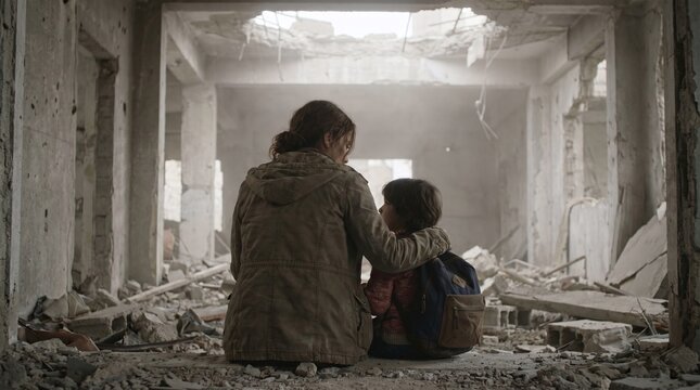 Mother and child sitting in the ruins of a destroyed building after war