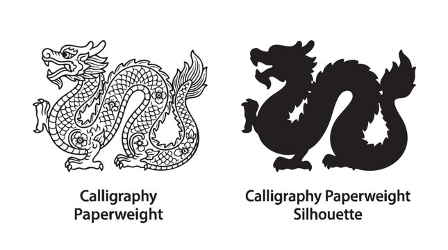 Dragon designs in calligraphy paperweight silhouette line art vector