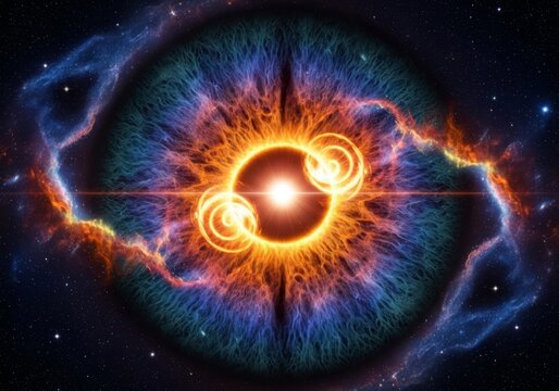 An intense macro view of a cosmic iris radiating brilliant solar flares, with glowing golden light emitting from the center of the orb, pupil, sparkling, vivid