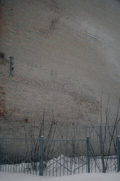 brick wall with metal ladder in winter