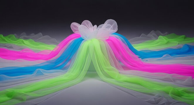Elegant couture display featuring sheer organza layered over vibrant neon silk. Architectural drapes show contrast in texture and hue, vibrant, saturation, color