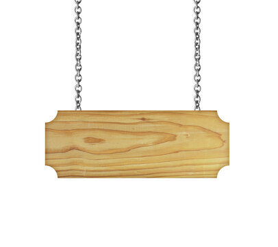 Wooden sign hanging on a chain isolated on white