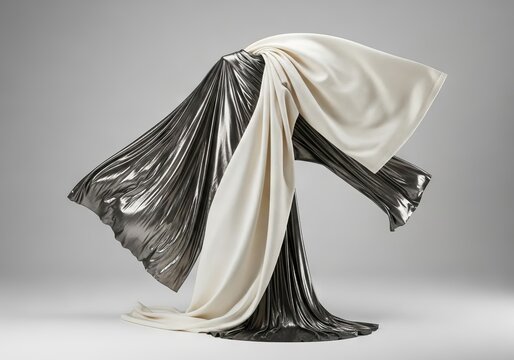 Elegant couture flowing gracefully in a bright studio, featuring shimmering metallic silk and pristine ivory textures under soft lighting, pearl, chic, soft