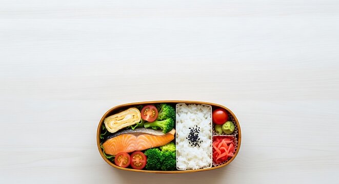 Healthy Salmon Bento Box Lunch with Rice and Vegetables for a Balanced Meal